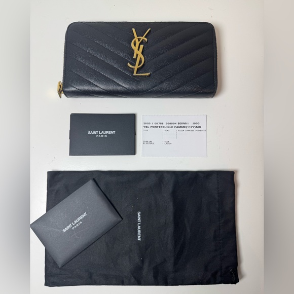 YSL Yves Saint Laurent Monogram Matelasse Leather Black Zip Long Wallet COA - Picture 11 of 12